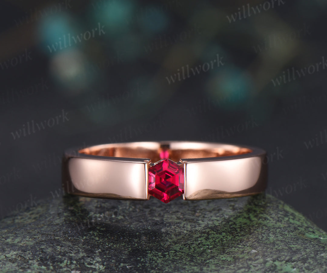 Men Ruby Rings 14K Solid Rose Gold Polish Band Male 4mm Hexagon cut red ruby Band Tension Set Ring Men Gemstone Promise Wedding Band