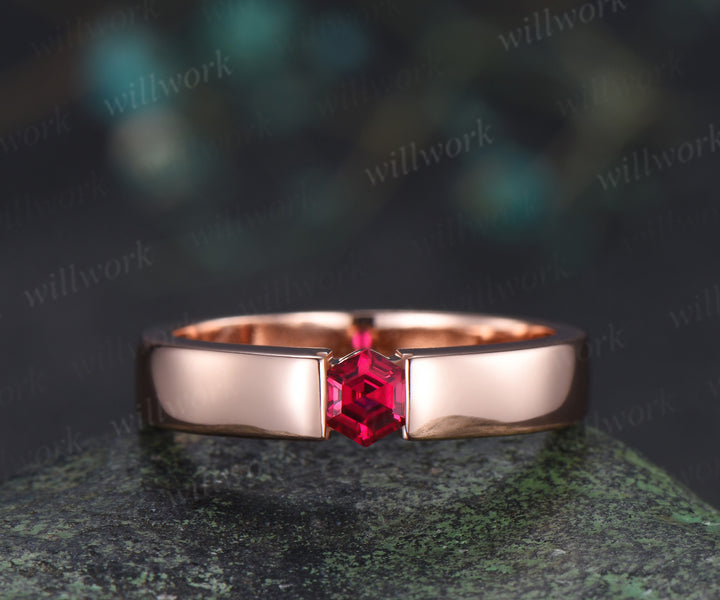 Men Ruby Rings 14K Solid Rose Gold Polish Band Male 4mm Hexagon cut red ruby Band Tension Set Ring Men Gemstone Promise Wedding Band