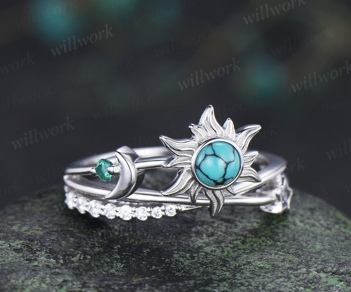 Unique round turquoise sun inspired engagement ring star moon criss cross split shank promise ring