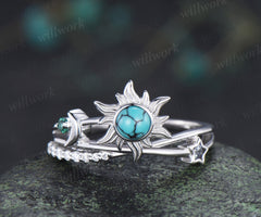 Unique round turquoise sun inspired engagement ring star moon criss cross split shank promise ring