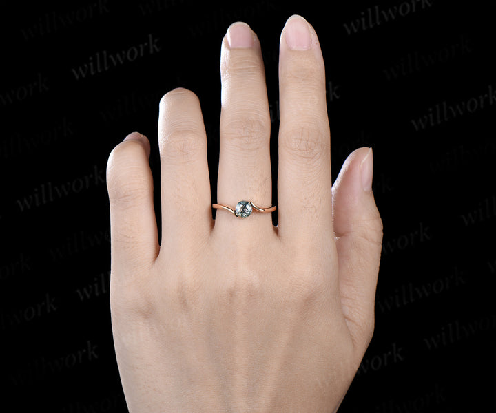 Minimalist Solitaire Moss Agate Men’s & Women’s Rings Round Moss Agate Couple Ring Set