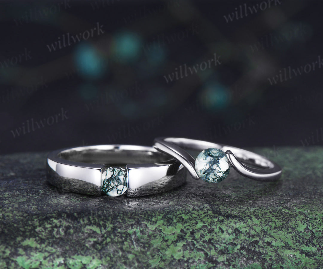 Minimalist Solitaire Moss Agate Men’s & Women’s Rings Round Moss Agate Couple Ring Set