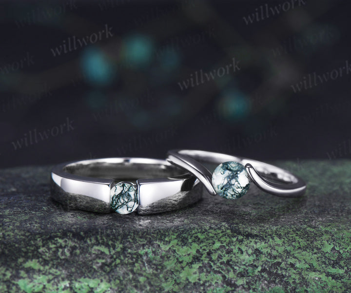 Minimalist Solitaire Moss Agate Men’s & Women’s Rings Round Moss Agate Couple Ring Set