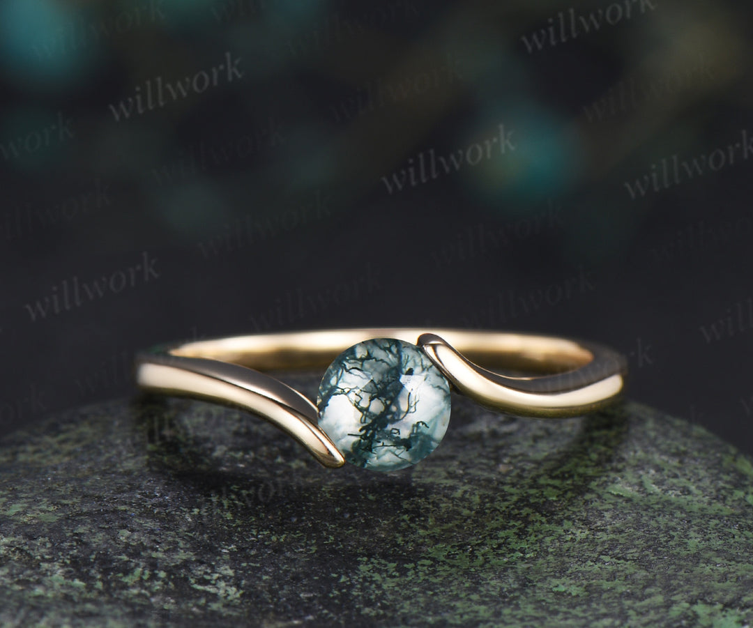 Minimalist Solitaire Moss Agate Men’s & Women’s Rings Round Moss Agate Couple Ring Set
