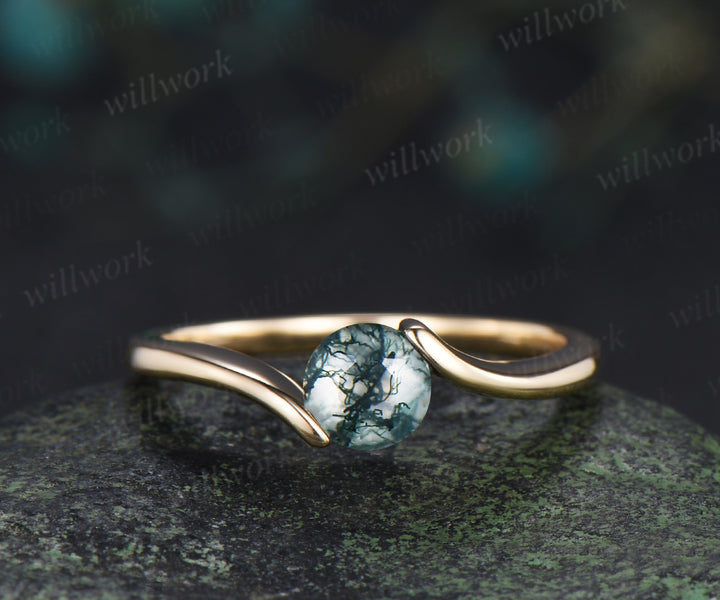 Minimalist Solitaire Moss Agate Men’s & Women’s Rings Round Moss Agate Couple Ring Set