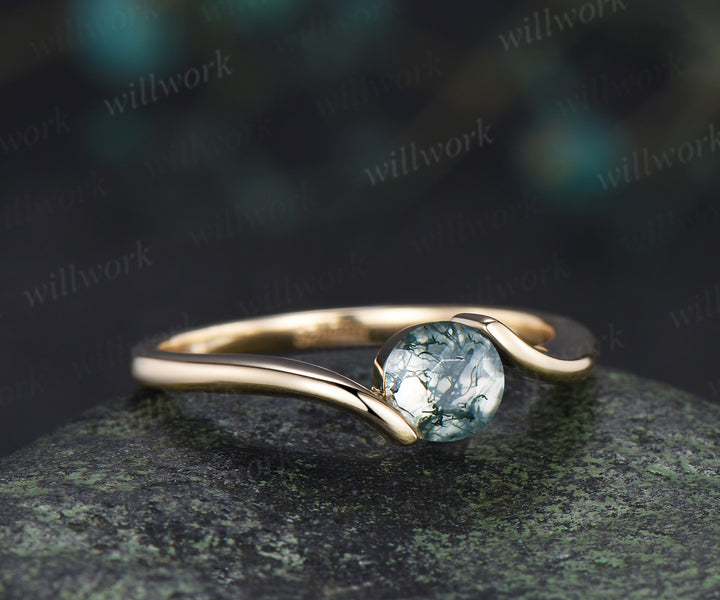 Minimalist Solitaire Moss Agate Men’s & Women’s Rings Round Moss Agate Couple Ring Set