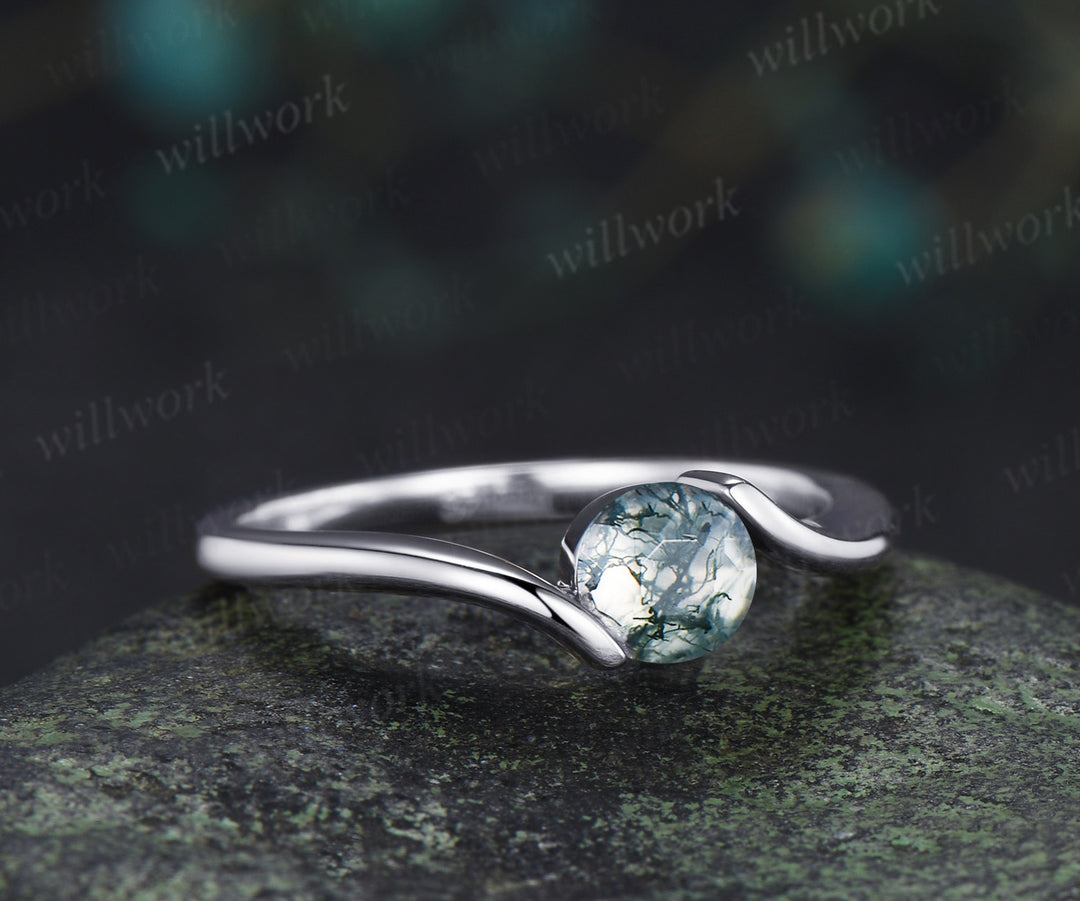 Minimalist Solitaire Moss Agate Men’s & Women’s Rings Round Moss Agate Couple Ring Set