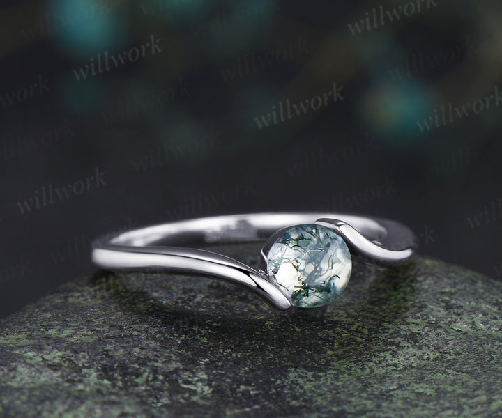 Minimalist Solitaire Moss Agate Men’s & Women’s Rings Round Moss Agate Couple Ring Set