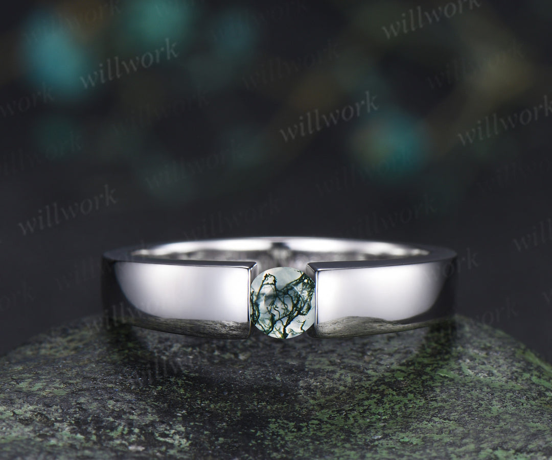 Minimalist Solitaire Moss Agate Men’s & Women’s Rings Round Moss Agate Couple Ring Set
