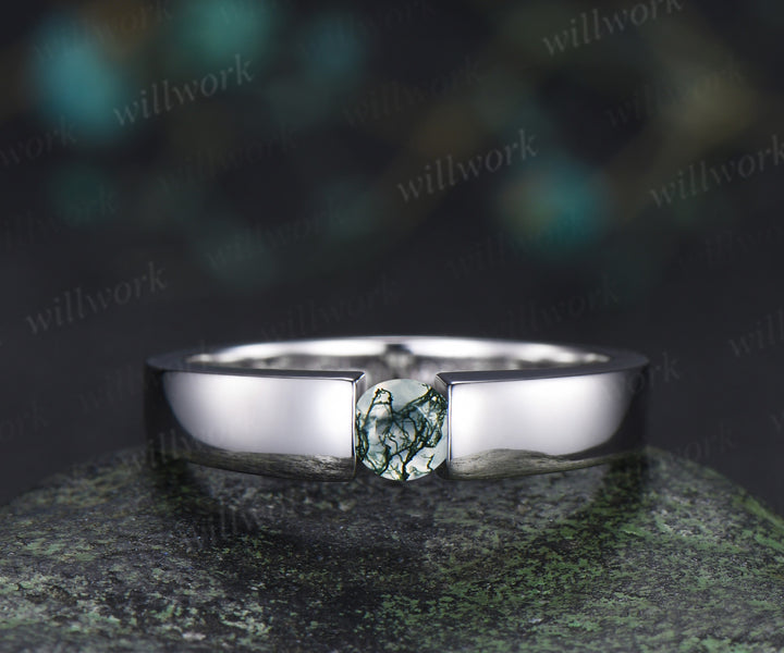 Minimalist Solitaire Moss Agate Men’s & Women’s Rings Round Moss Agate Couple Ring Set