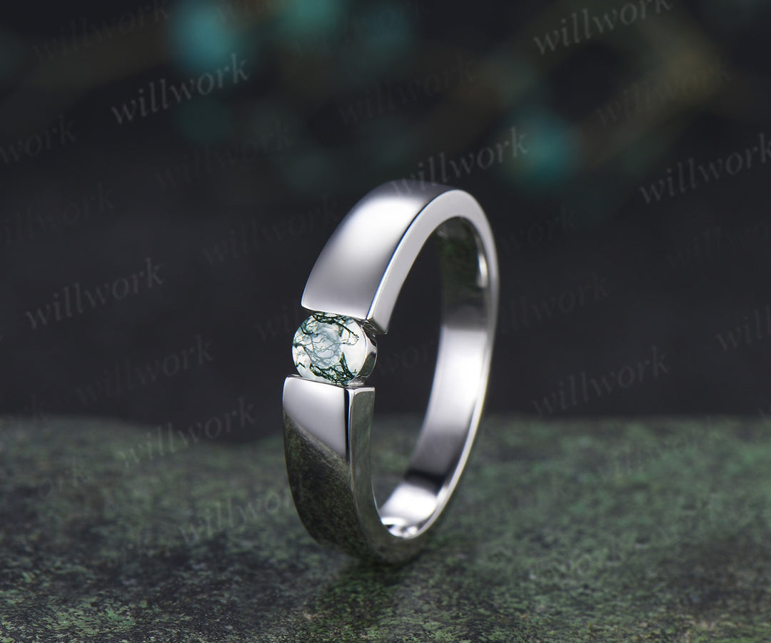 Minimalist Solitaire Moss Agate Men’s & Women’s Rings Round Moss Agate Couple Ring Set