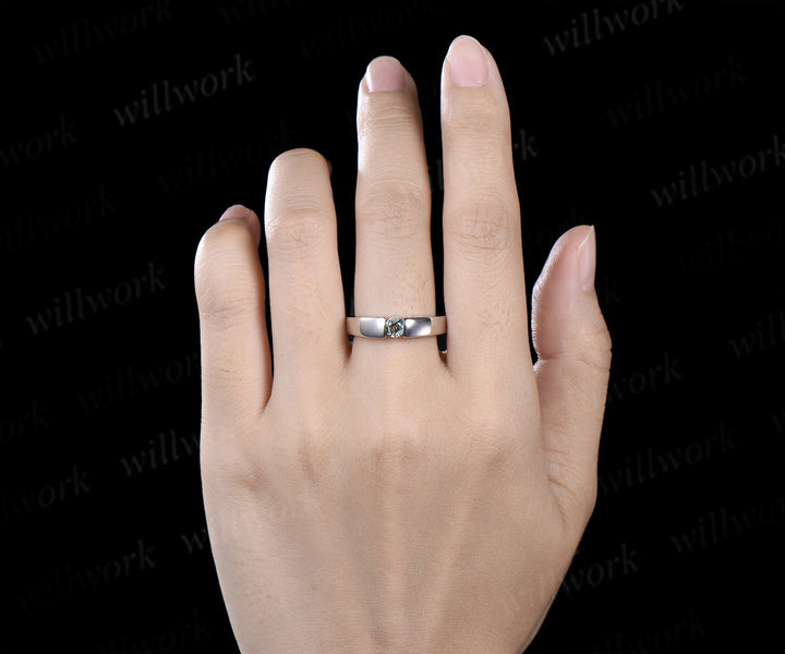 Minimalist Solitaire Moss Agate Men’s & Women’s Rings Round Moss Agate Couple Ring Set