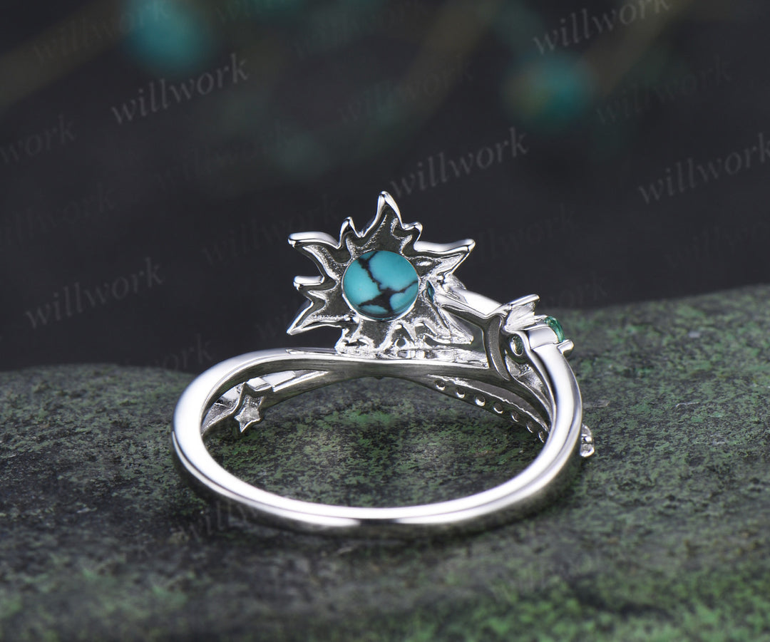 Unique round turquoise sun inspired engagement ring star moon criss cross split shank promise ring