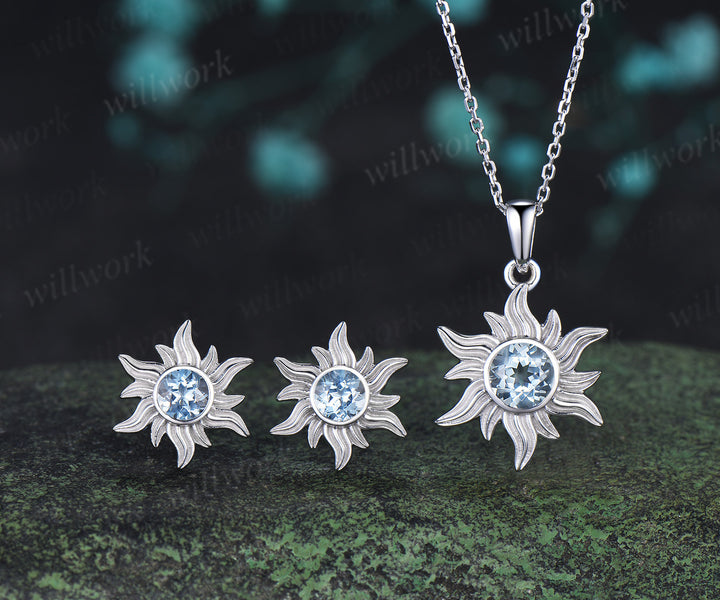 Round cut natural aquamarine sun stud earrings necklace set Rapunzel inspired blue gemstone jewelry set March birthstone gifts for her