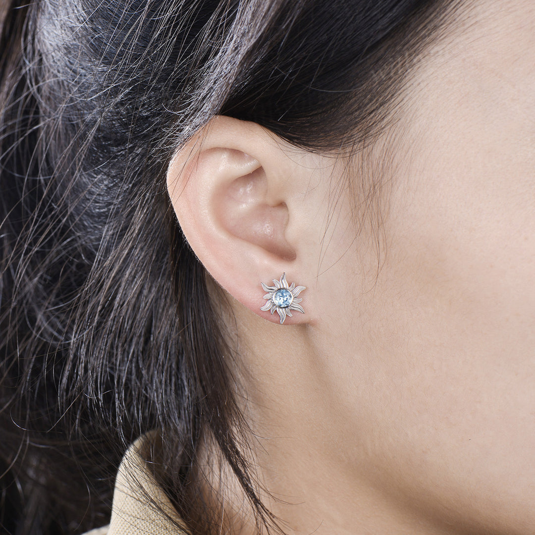 Round cut natural aquamarine sun stud earrings necklace set Rapunzel inspired blue gemstone jewelry set March birthstone gifts for her