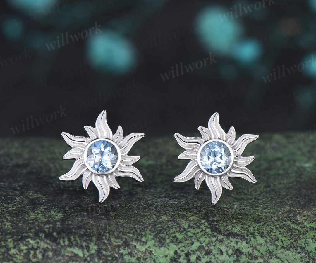Round cut natural aquamarine sun stud earrings necklace set Rapunzel inspired blue gemstone jewelry set March birthstone gifts for her