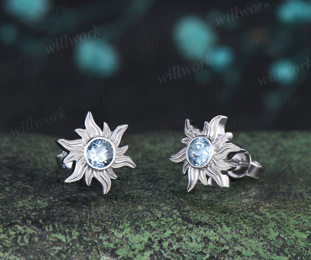 Round cut natural aquamarine sun stud earrings necklace set Rapunzel inspired blue gemstone jewelry set March birthstone gifts for her