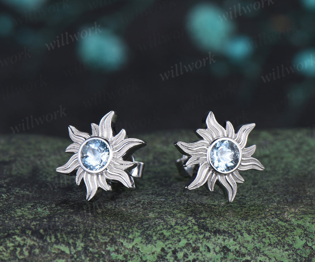 Round cut natural aquamarine sun stud earrings necklace set Rapunzel inspired blue gemstone jewelry set March birthstone gifts for her