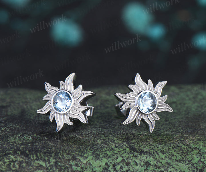 Round cut natural aquamarine sun stud earrings necklace set Rapunzel inspired blue gemstone jewelry set March birthstone gifts for her