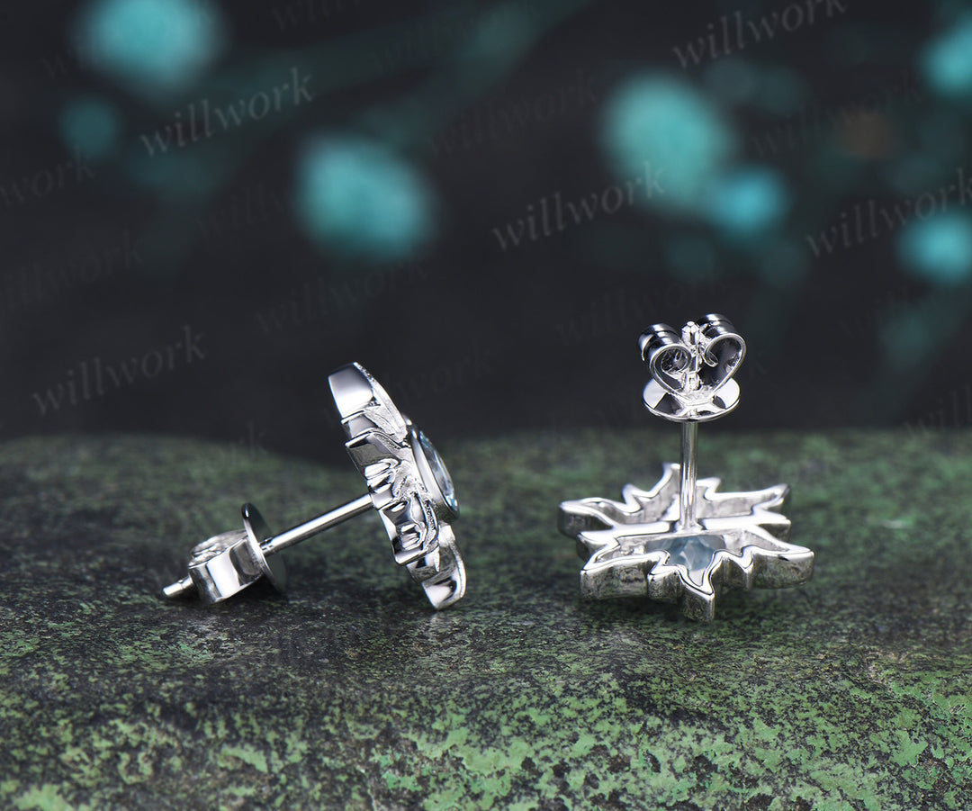 Round cut natural aquamarine sun stud earrings necklace set Rapunzel inspired blue gemstone jewelry set March birthstone gifts for her