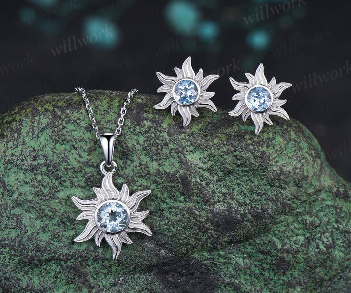 Round cut natural aquamarine sun stud earrings necklace set Rapunzel inspired blue gemstone jewelry set March birthstone gifts for her