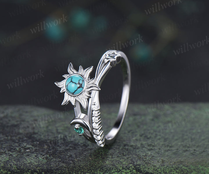 Unique round turquoise sun inspired engagement ring star moon criss cross split shank promise ring