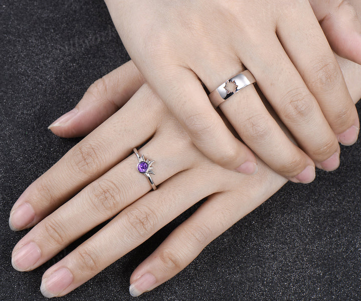 4mm Round Amethyst Sun Ring & Matching Men¡¯s Hollow Out Comfort Band Minimalist Couple Rings Set