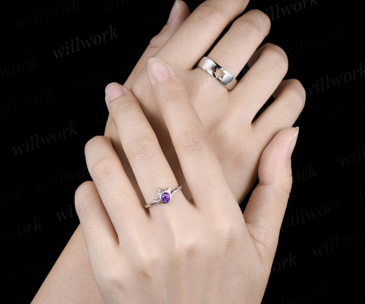 4mm Round Amethyst Sun Ring & Matching Men¡¯s Hollow Out Comfort Band Minimalist Couple Rings Set