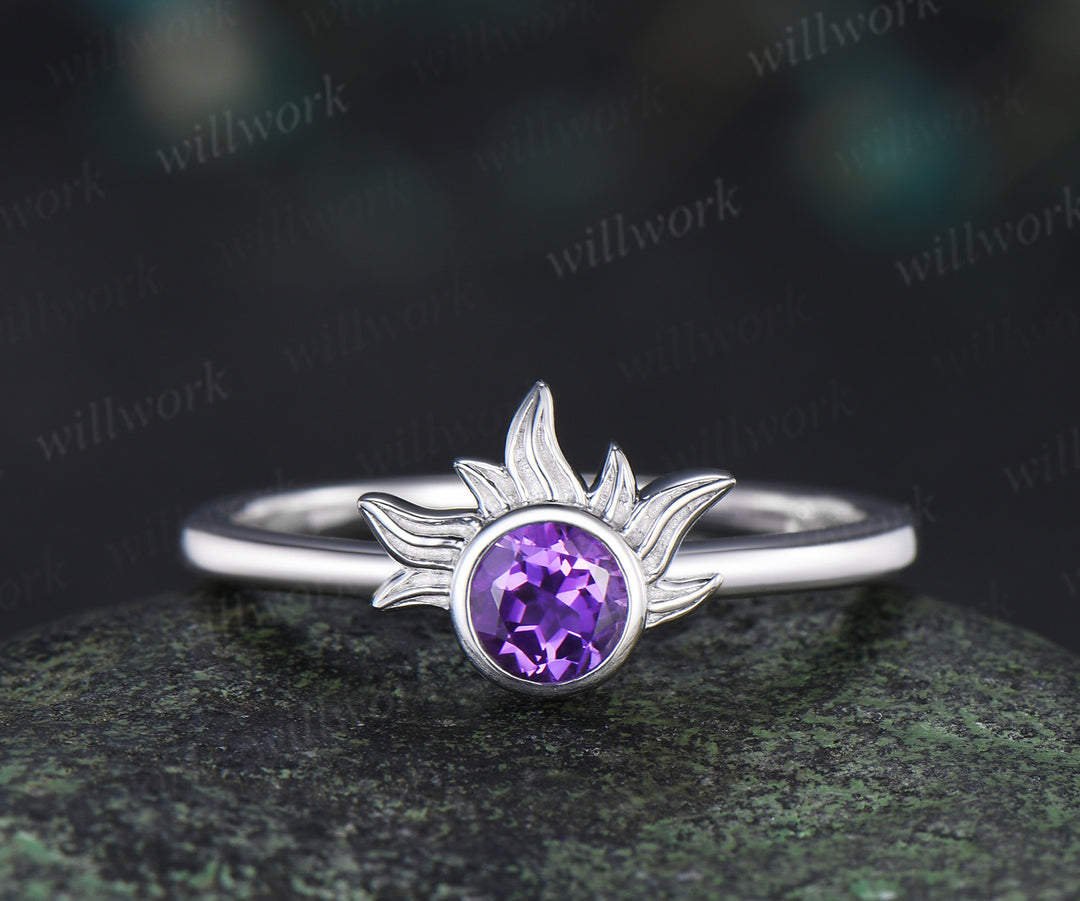 4mm Round Amethyst Sun Ring & Matching Men¡¯s Hollow Out Comfort Band Minimalist Couple Rings Set
