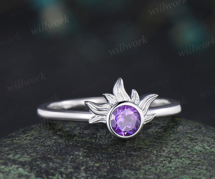 4mm Round Amethyst Sun Ring & Matching Men¡¯s Hollow Out Comfort Band Minimalist Couple Rings Set