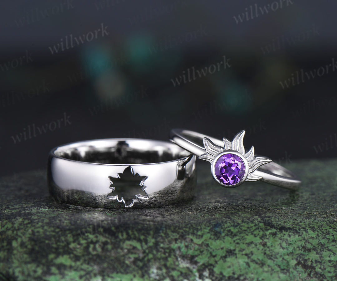 4mm Round Amethyst Sun Ring & Matching Men¡¯s Hollow Out Comfort Band Minimalist Couple Rings Set