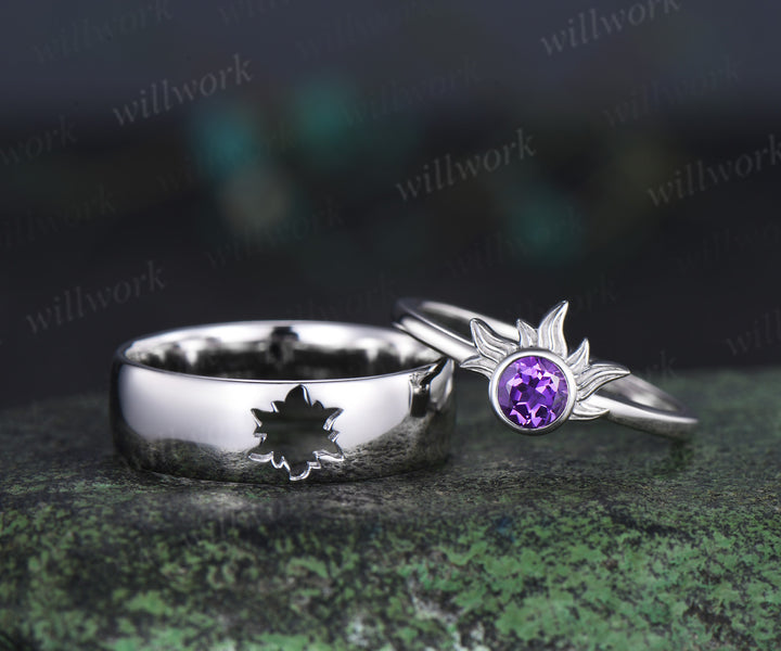 4mm Round Amethyst Sun Ring & Matching Men¡¯s Hollow Out Comfort Band Minimalist Couple Rings Set