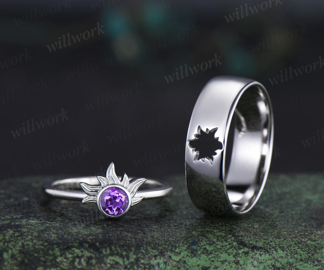 4mm Round Amethyst Sun Ring & Matching Men¡¯s Hollow Out Comfort Band Minimalist Couple Rings Set