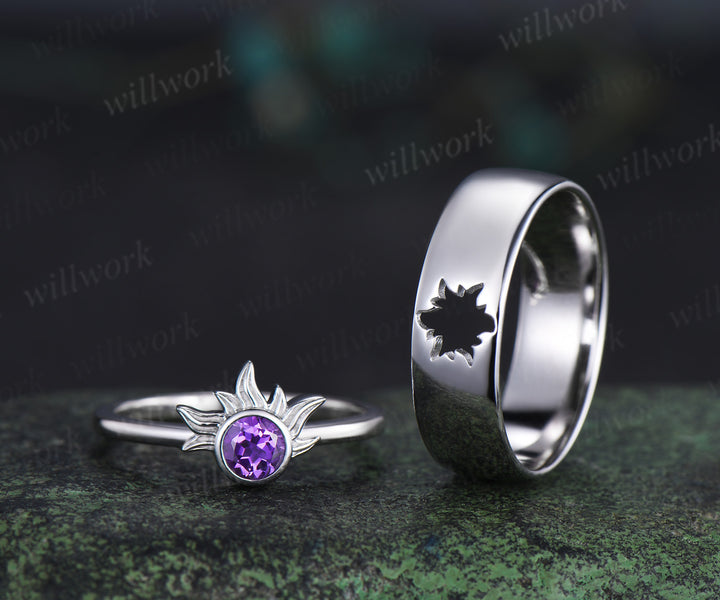 4mm Round Amethyst Sun Ring & Matching Men¡¯s Hollow Out Comfort Band Minimalist Couple Rings Set
