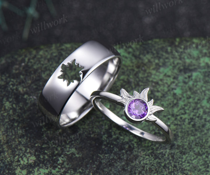 4mm Round Amethyst Sun Ring & Matching Men¡¯s Hollow Out Comfort Band Minimalist Couple Rings Set