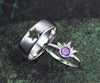 4mm Round Amethyst Sun Ring & Matching Men¡¯s Hollow Out Comfort Band Minimalist Couple Rings Set
