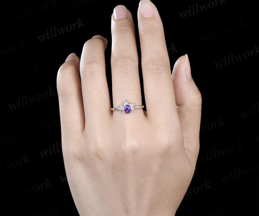 4mm Round Amethyst Sun Ring & Matching Men¡¯s Hollow Out Comfort Band Minimalist Couple Rings Set
