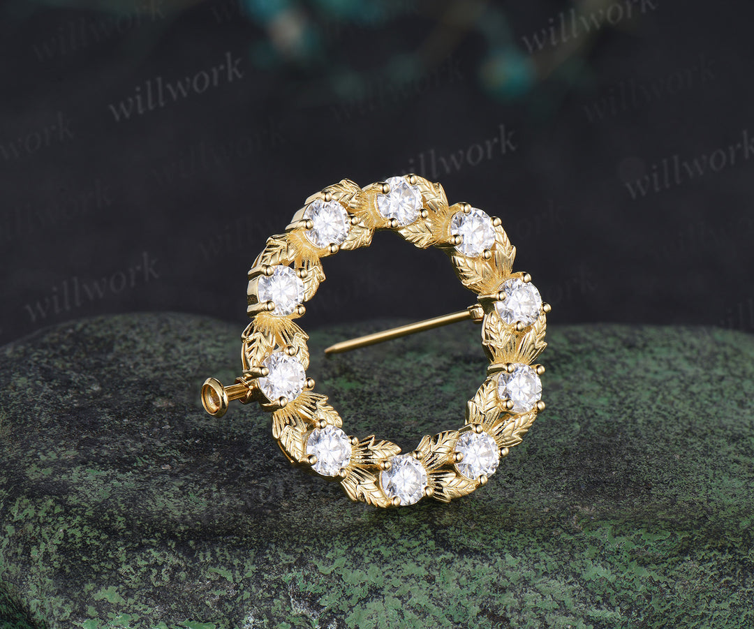 Moissanite wreath brooch nature inspired leaf circle lapel pin elegant jewelry gifts for women