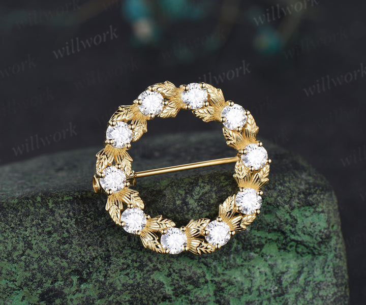 Moissanite wreath brooch nature inspired leaf circle lapel pin elegant jewelry gifts for women