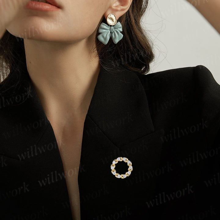 Moissanite wreath brooch nature inspired leaf circle lapel pin elegant jewelry gifts for women