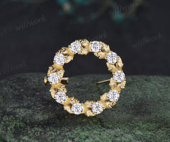 Moissanite wreath brooch nature inspired leaf circle lapel pin elegant jewelry gifts for women