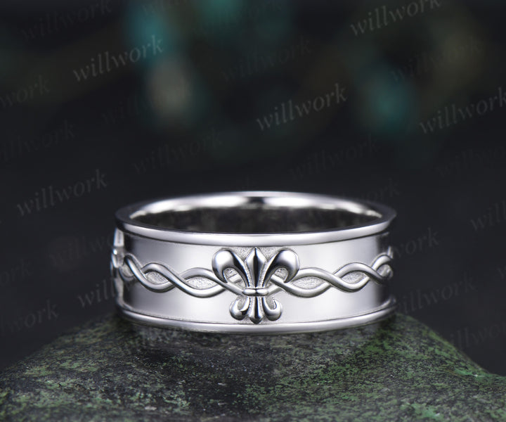 Fleur-de-lis twisted wedding band mens women full eternity nature inspired wedding ring set infinity couple rings