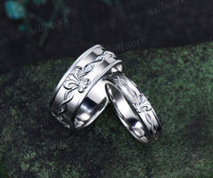 Fleur-de-lis twisted wedding band mens women full eternity nature inspired wedding ring set infinity couple rings