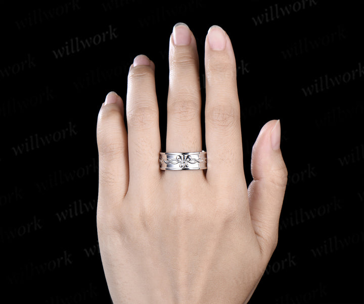 Fleur-de-lis twisted wedding band mens women full eternity nature inspired wedding ring set infinity couple rings