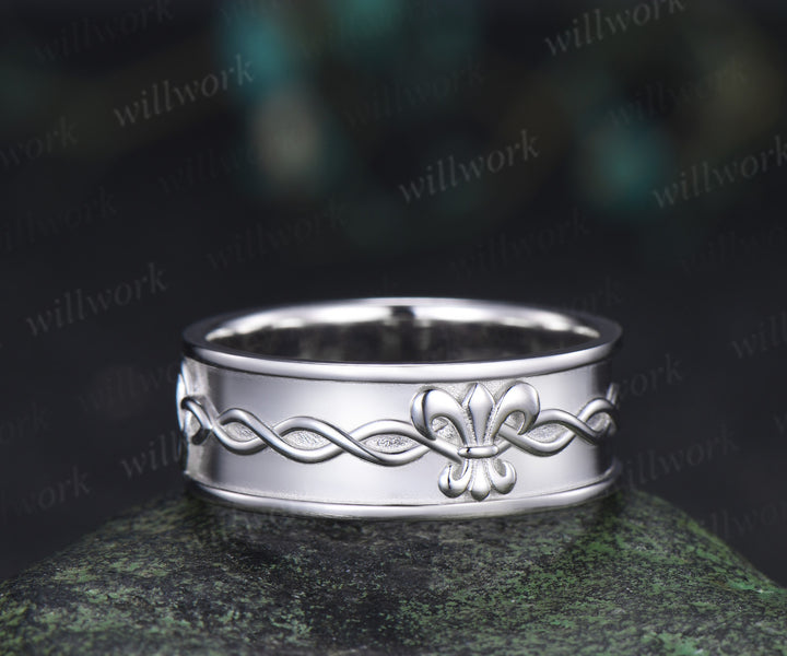 Fleur-de-lis twisted wedding band mens women full eternity nature inspired wedding ring set infinity couple rings