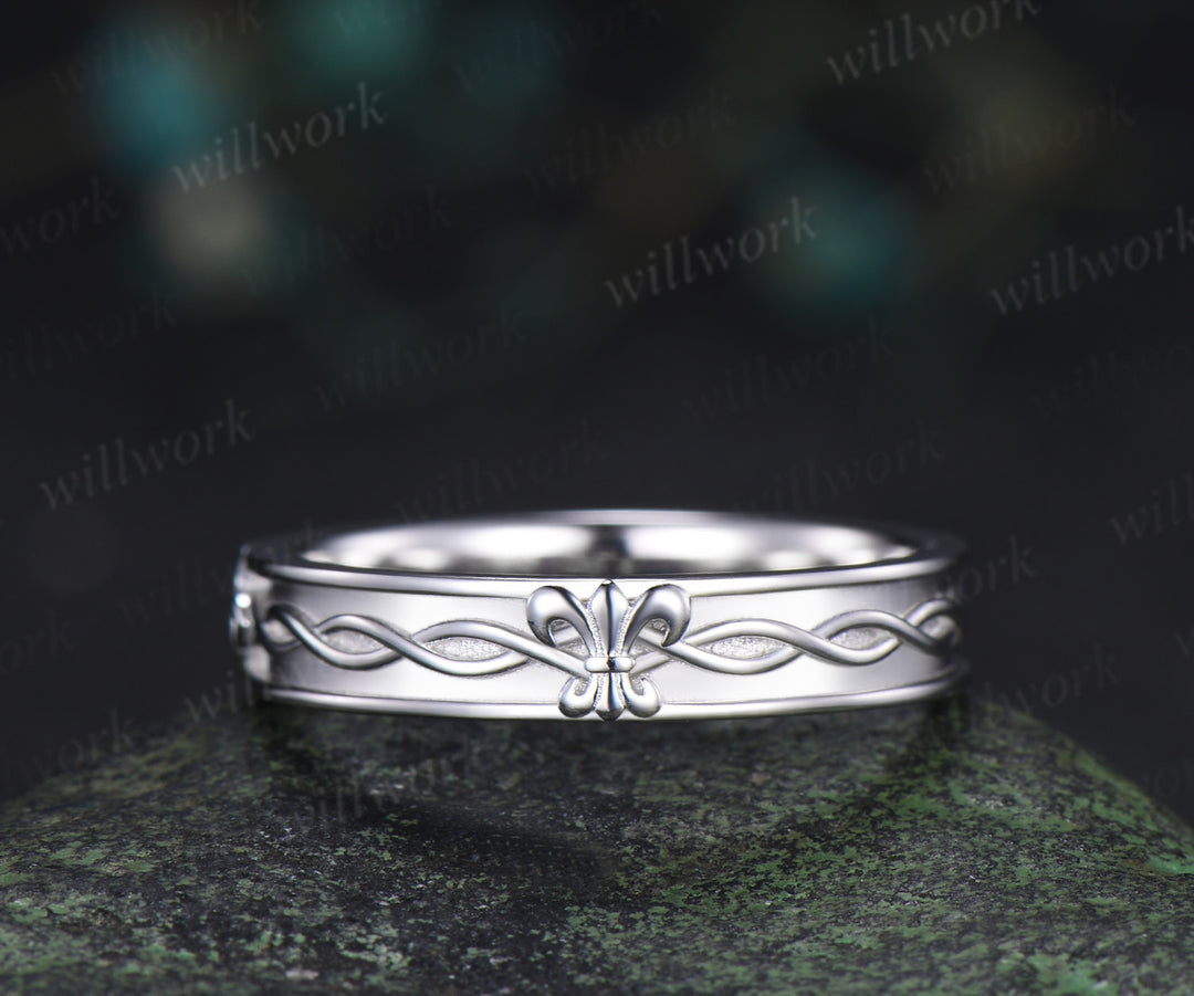 Fleur-de-lis twisted wedding band mens women full eternity nature inspired wedding ring set infinity couple rings
