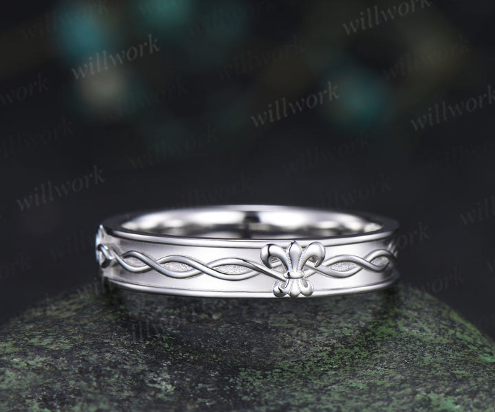 Fleur-de-lis twisted wedding band mens women full eternity nature inspired wedding ring set infinity couple rings