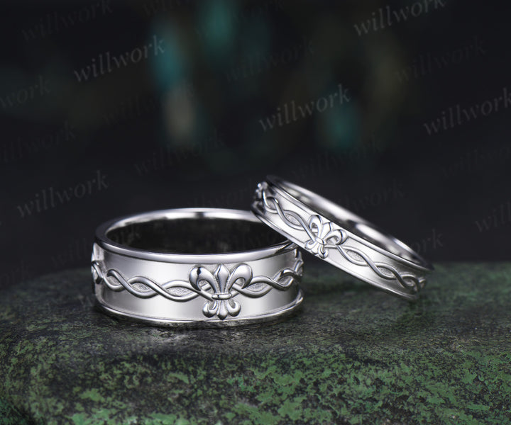Fleur-de-lis twisted wedding band mens women full eternity nature inspired wedding ring set infinity couple rings