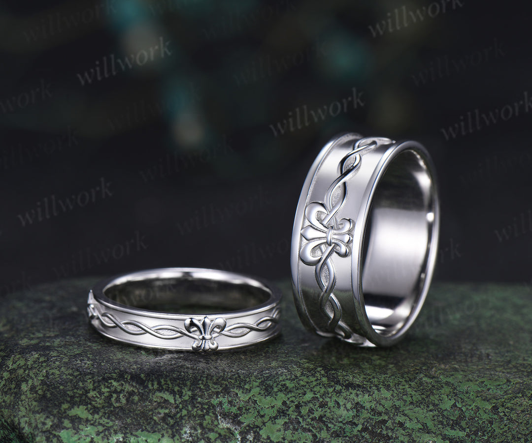 Fleur-de-lis twisted wedding band mens women full eternity nature inspired wedding ring set infinity couple rings