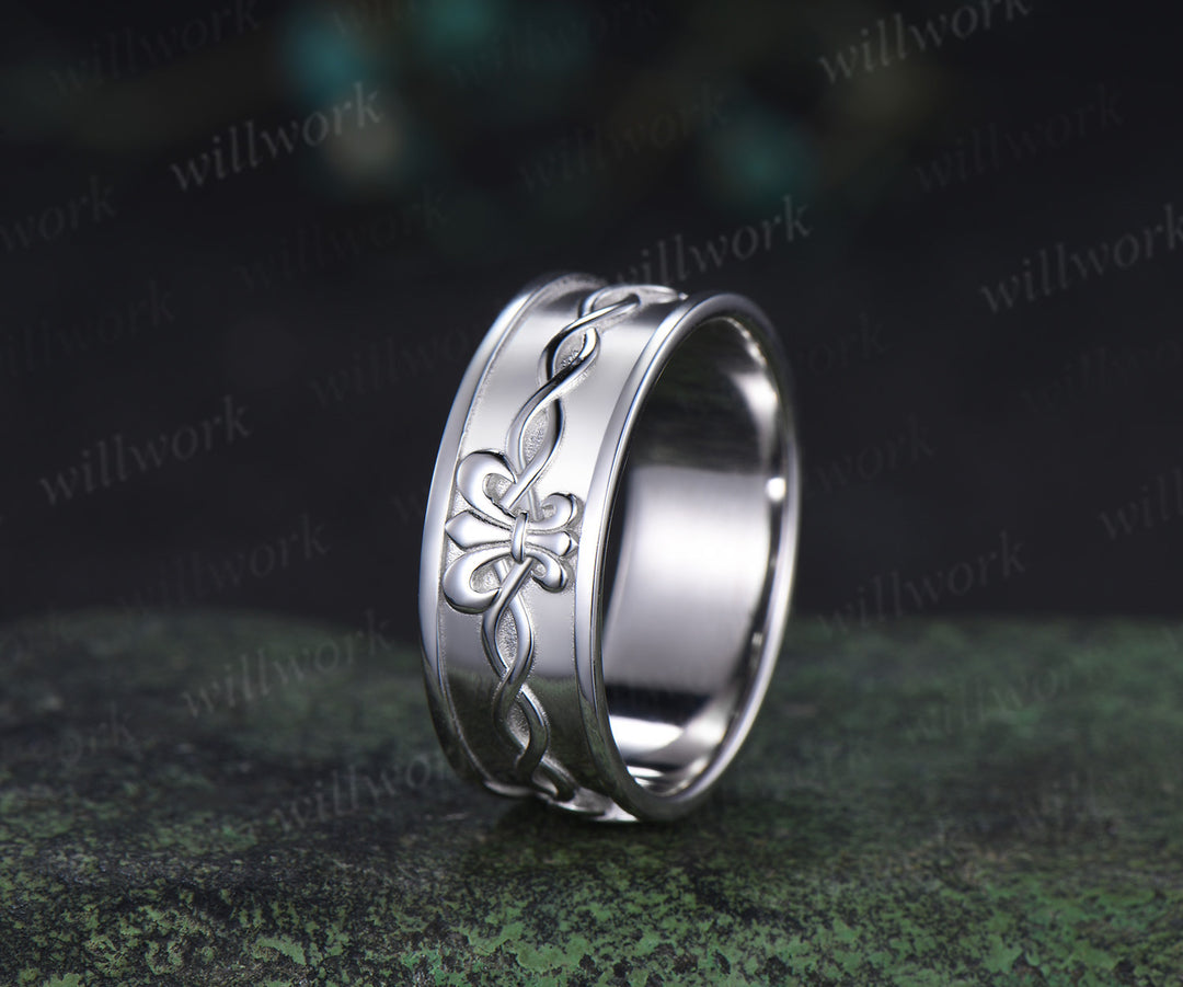 Fleur-de-lis twisted wedding band mens women full eternity nature inspired wedding ring set infinity couple rings